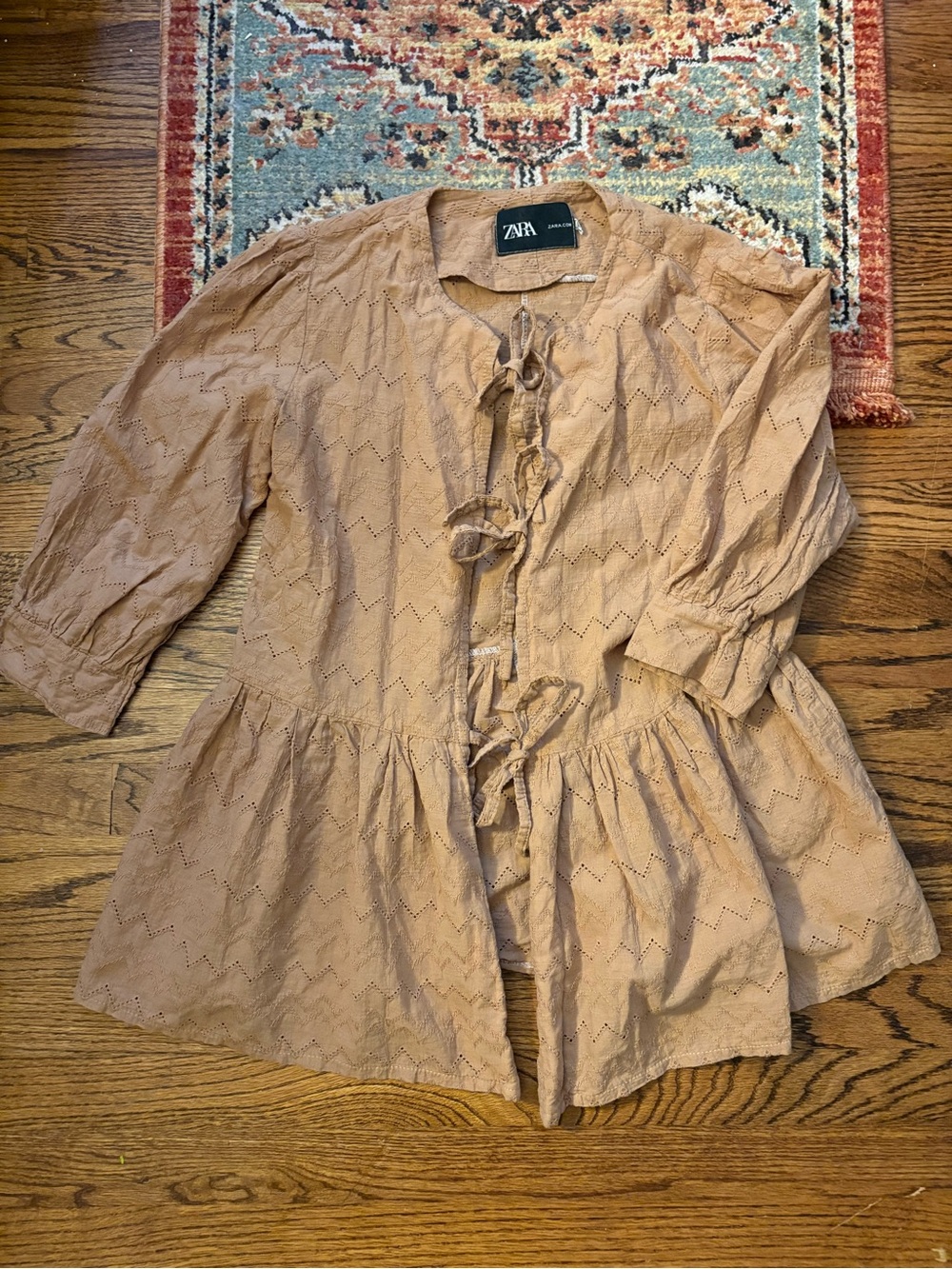 Zara Tan embroidered Eyelet Tie-Front Peplum Tunic open cardigan top